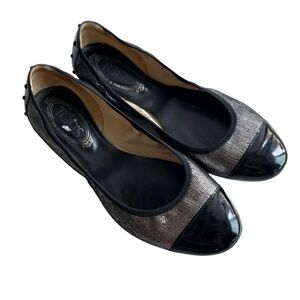 Tod's Black/Silver Textured Leather Cap Toe Ballet Flats Size 39